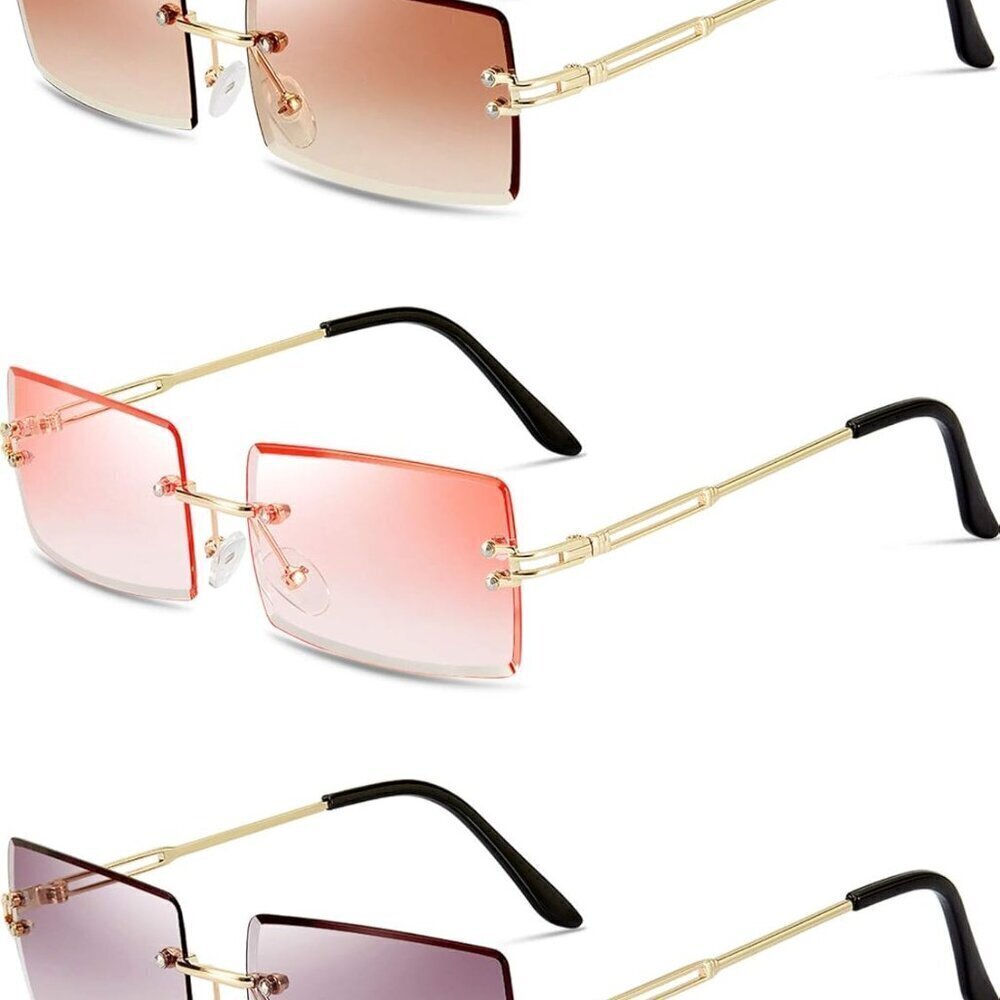 3 Pairs Rimless Rectangle Sunglasses Tinted Frameless Vintage Unisex